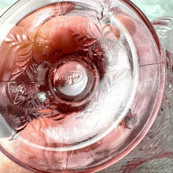 Fenton Ruby Pink Vintage Strawberry Pattern Pedestal Compote Ruffled Edge Glass - Picture 11 of 12